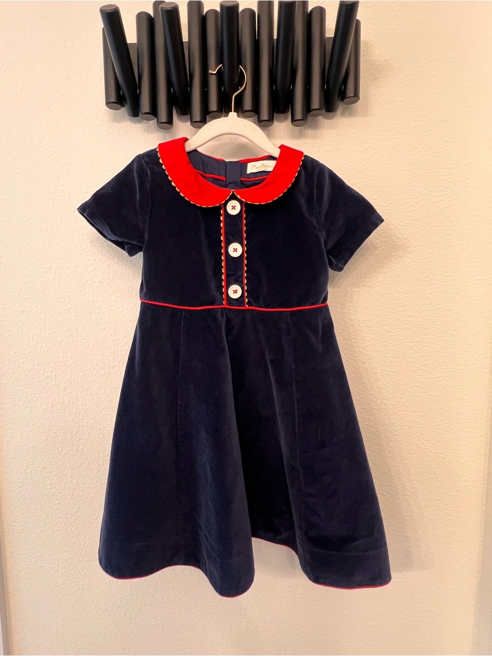 Mini Boden Navy Velvet Dress with Red Trim